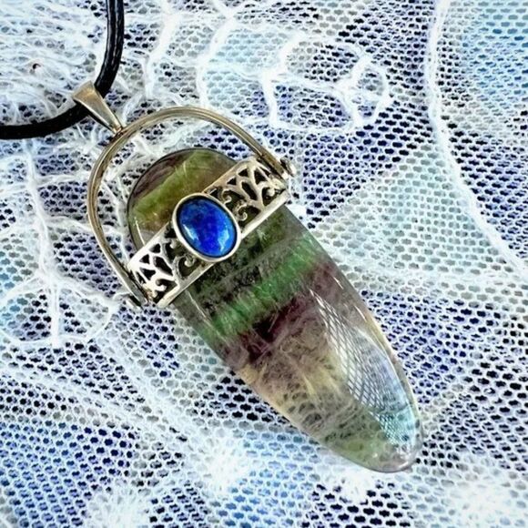 Genuine Fluorite & Lapis Lazuli Goddess Pendant Sterling Articulating Bail - Picture 1 of 10